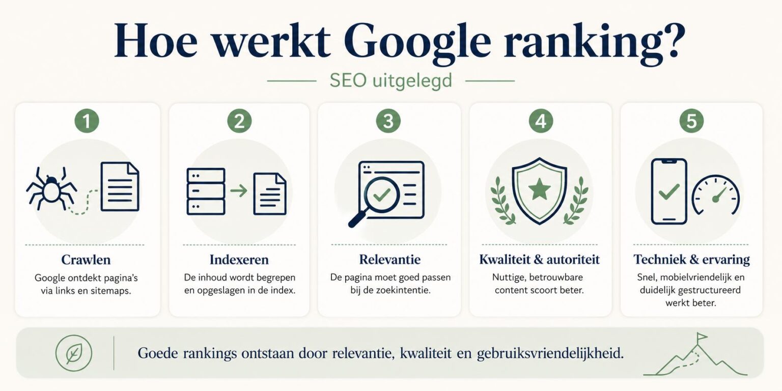 Visuele uitleg hoe Google ranking werkt met de stappen crawlen, indexeren en ranken