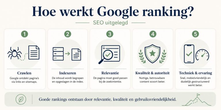 Home Visuele uitleg hoe Google ranking werkt met de stappen crawlen, indexeren en ranken